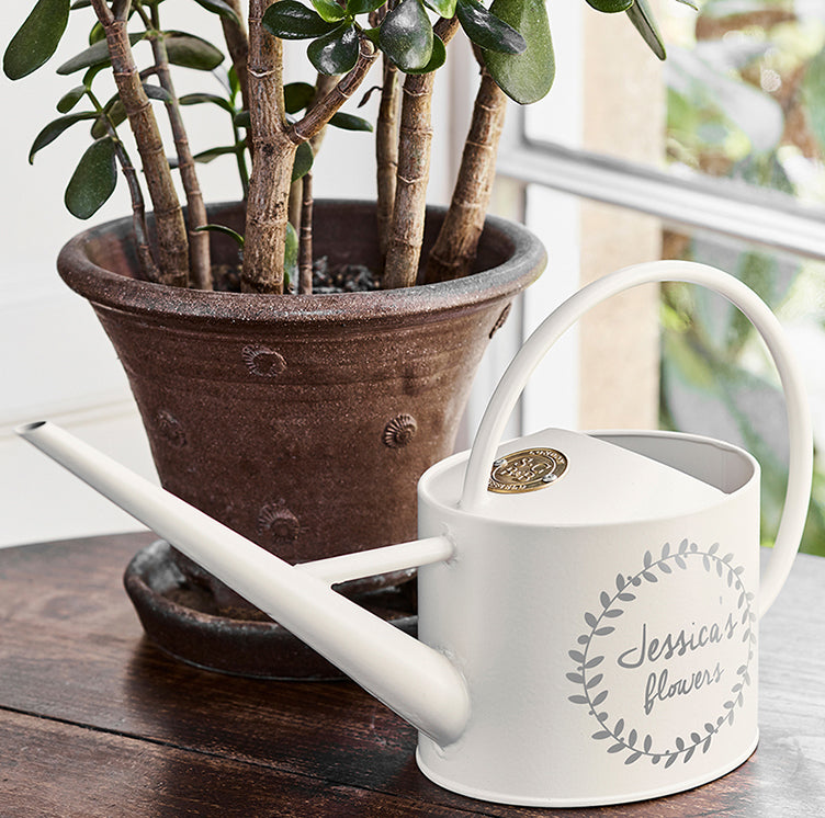 Personalised Cream Wreath Watering Can with Grey Personalisation, image